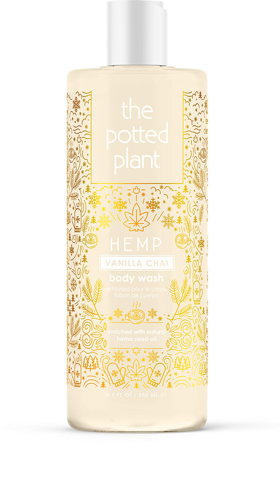 Body wash bottle with decorative label on a white background