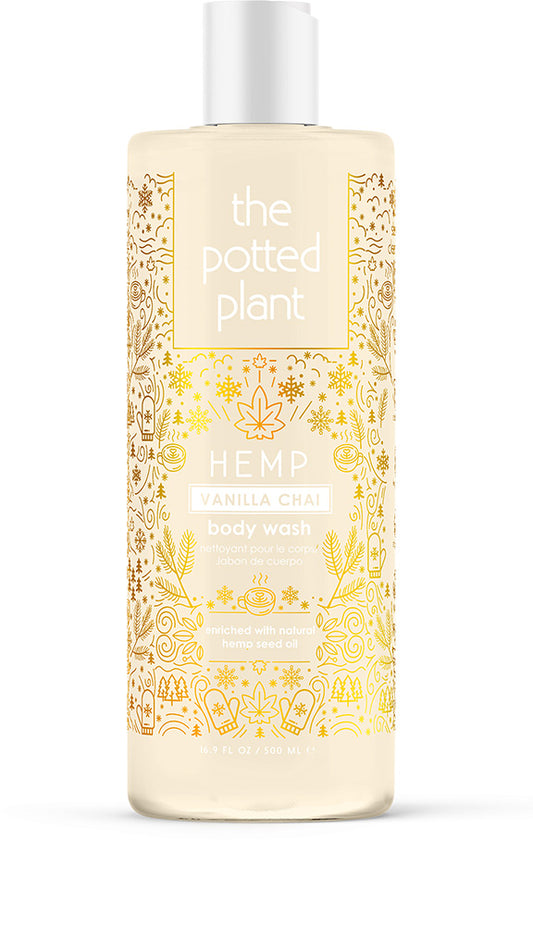 Body wash bottle with decorative label on a white background