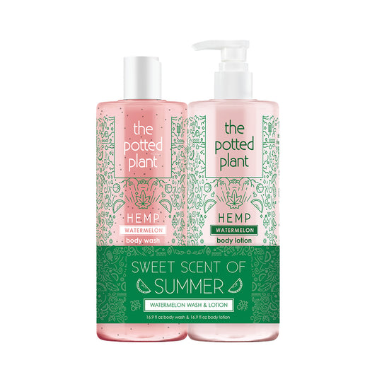 Two bottles of 'the potted plant' watermelon body wash and lotion on a white background