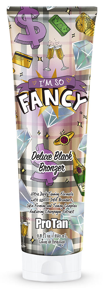 Tube of Pro Tan 'I'm So Fancy' Deluxe Black Bronzer with decorative design on packaging.