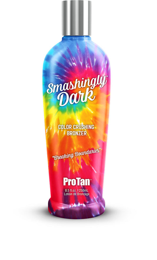 Tie-dye bottle of ProTan Smashingly Dark bronzer on a white background
