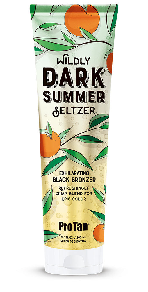 Tube of ProTan Wildly Dark Summer Seltzer black bronzer with orange and green design on a white background