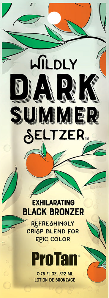 ProTan Wildly Dark Summer Seltzer exfoliating black bronzer packaging with orange and green design.
