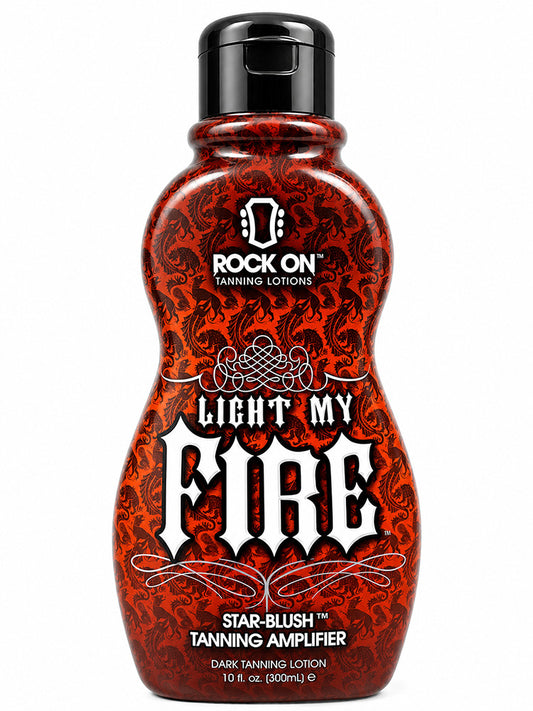 Rock On tanning lotion bottle with red and black design on a white background