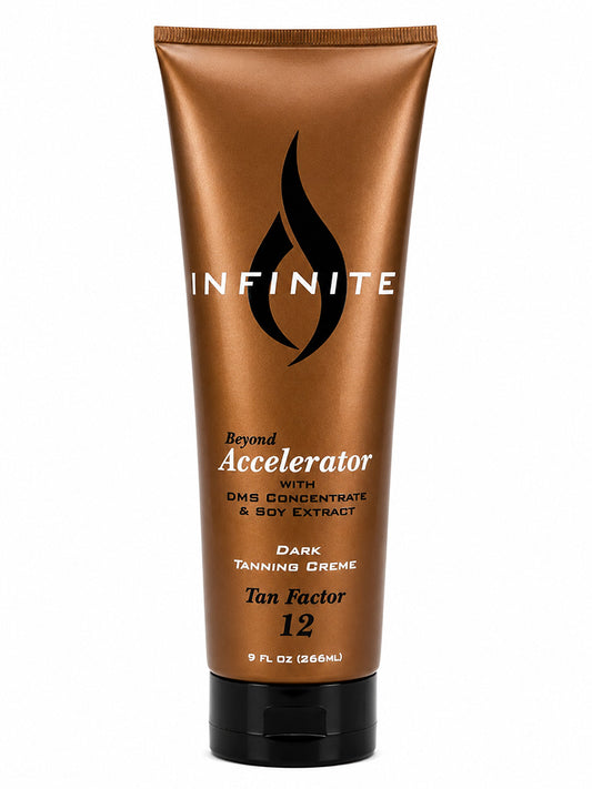 Brown tube of 'Infinite' tanning creme with black text on a white background