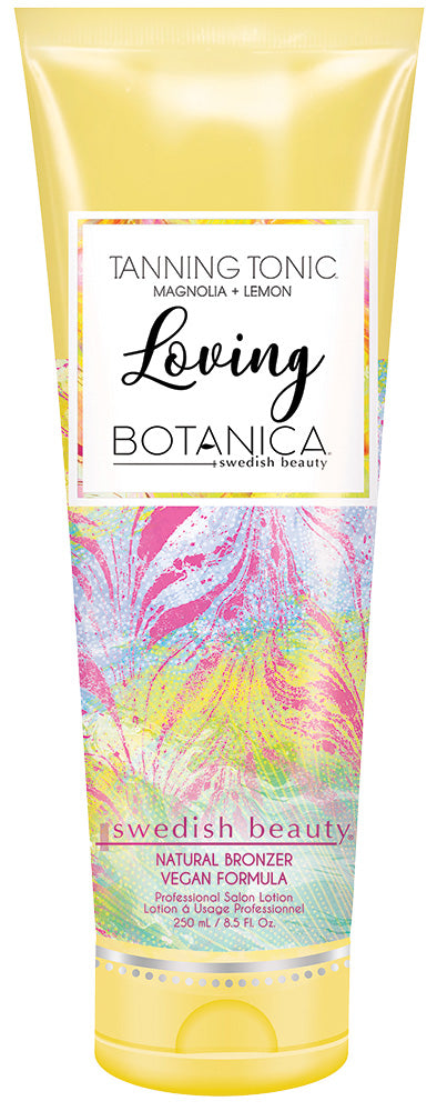 Lotion bottle with colorful design and 'Loving Botanica' branding on a white background