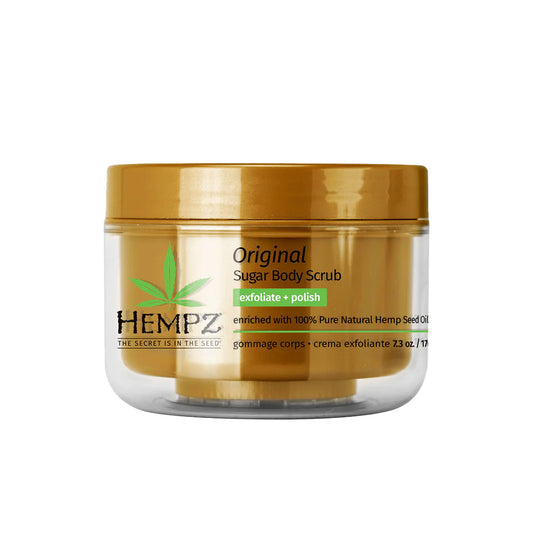 Hempz Original Sugar Body Scrub jar with gold lid on a white background