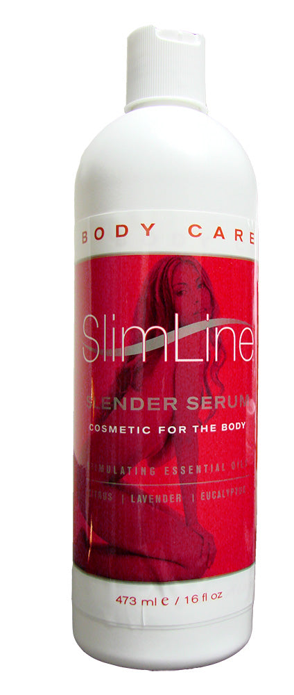 SlimLine body care serum bottle with red label on a white background