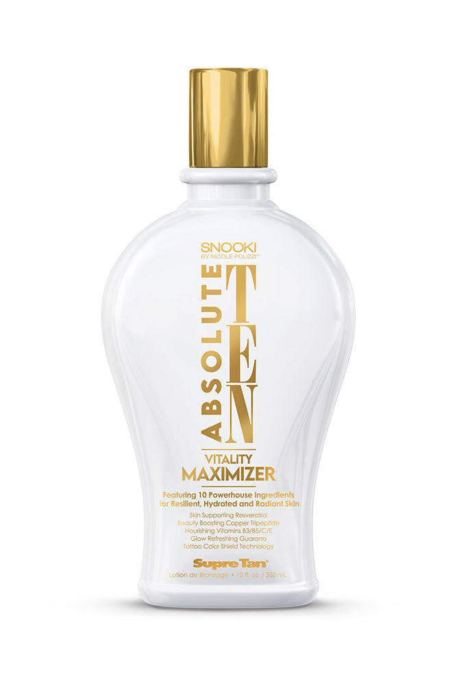 A bottle Supre Tan Snooki Absolute Ten tanning lotion featuring a white bottle with gold text and a gold cap