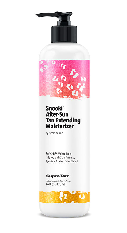 Pump bottle of Supre Tan Snooki After Sun Tan Extending Moisturizer featuring a white bottle with colorful animal print