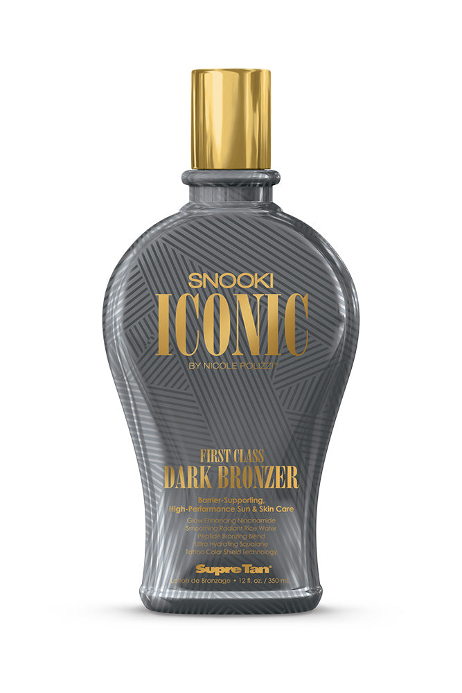 A bottle of Snooki Iconic tanning lotion featuring a grey bottle with gold text and a gold cap