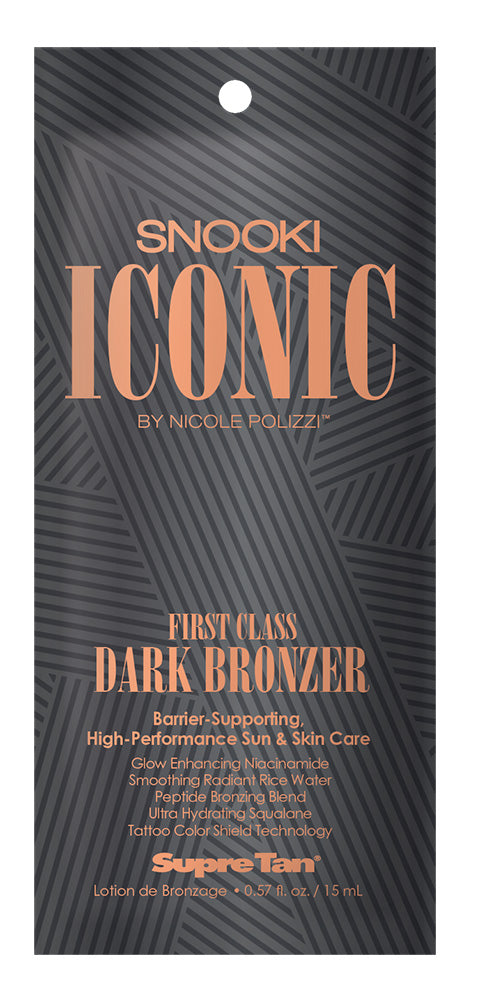 A packet of Snooki Iconic tanning lotion featuring a grey bottle with gold text and a gold cap
