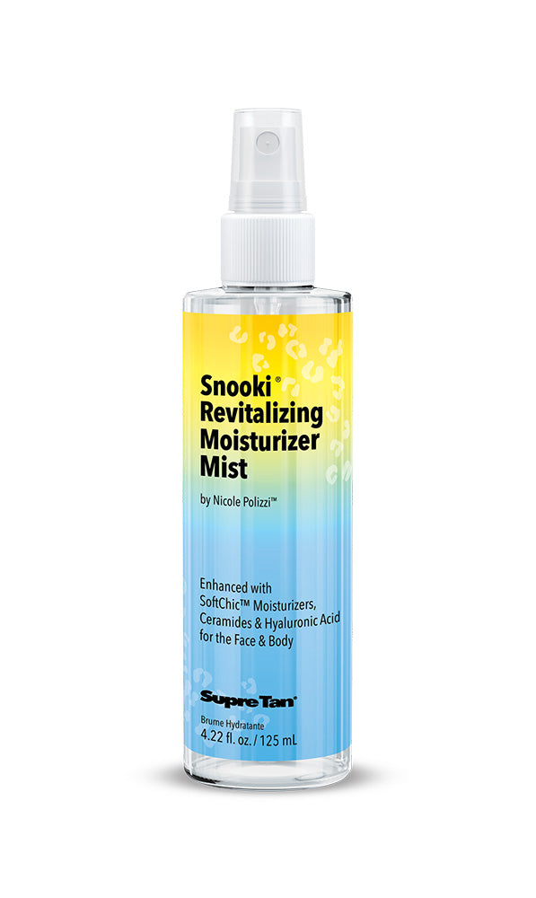 A spray bottle of Snooki Revitalizing Moisturizer Mist featuring a blue and yellow gradient background with black text