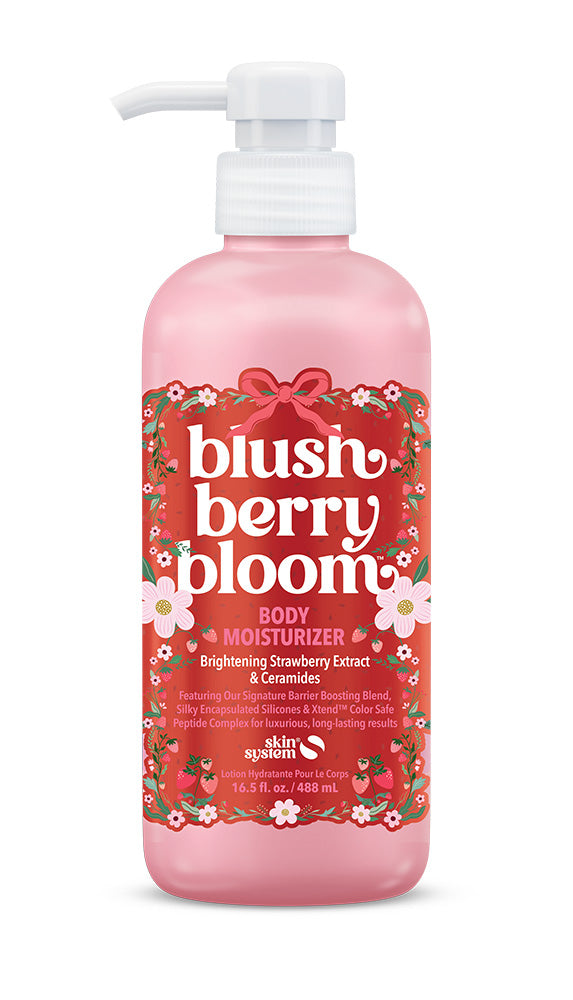 Skin System Blush berry Bloom body moisturizer featuring a pink bottle with florals and white text 