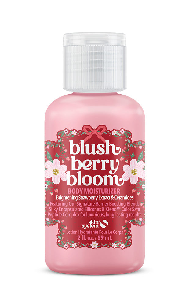 Skin System Blush berry Bloom body moisturizer featuring a pink bottle with florals and white text 