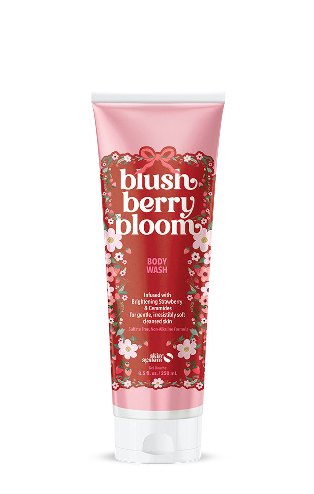 Skin System Blush berry Bloom body wash featuring a pink bottle with florals and white text 
