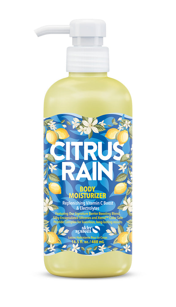 A bottle of Skin on Point Citrus Rain Body moisturizer, featuring a yellow and blue label with citrus and floral illustrations, set against a plain white background.