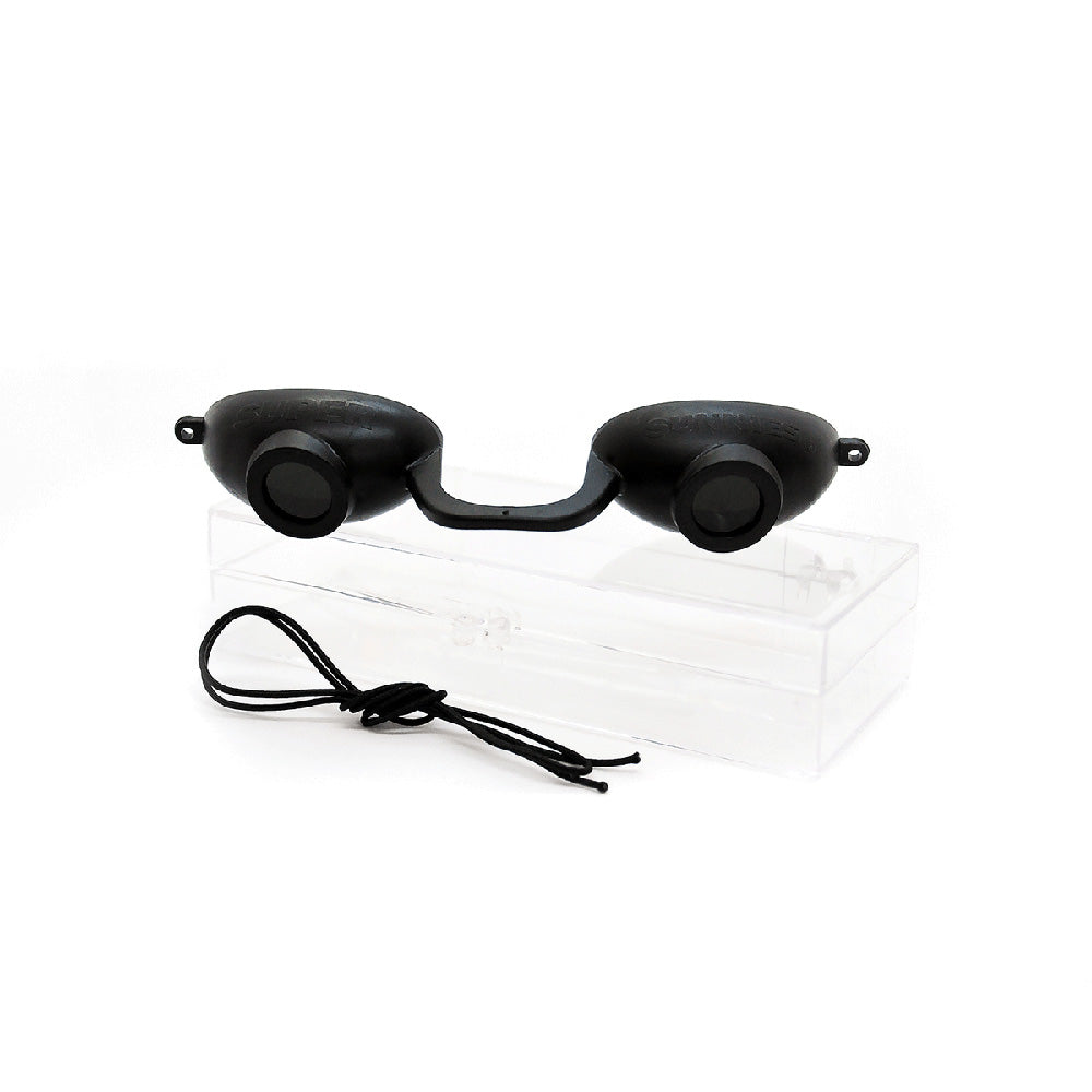 classic black eyewear with case on a white background 