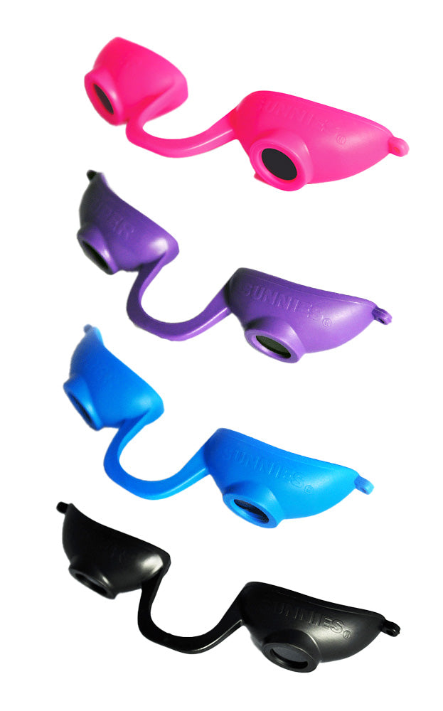A set of colorful eyewear with a white background 