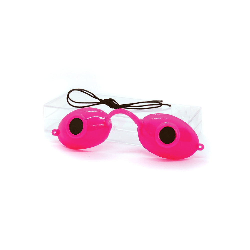 Neon pink colored eyewear with case on a white background 