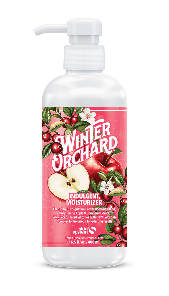 A bottle of Skin System Winter Orchard body moisturizer featuring a ink background with apples and white text 
