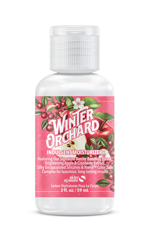A bottle of Skin System Winter Orchard body moisturizer featuring a ink background with apples and white text 