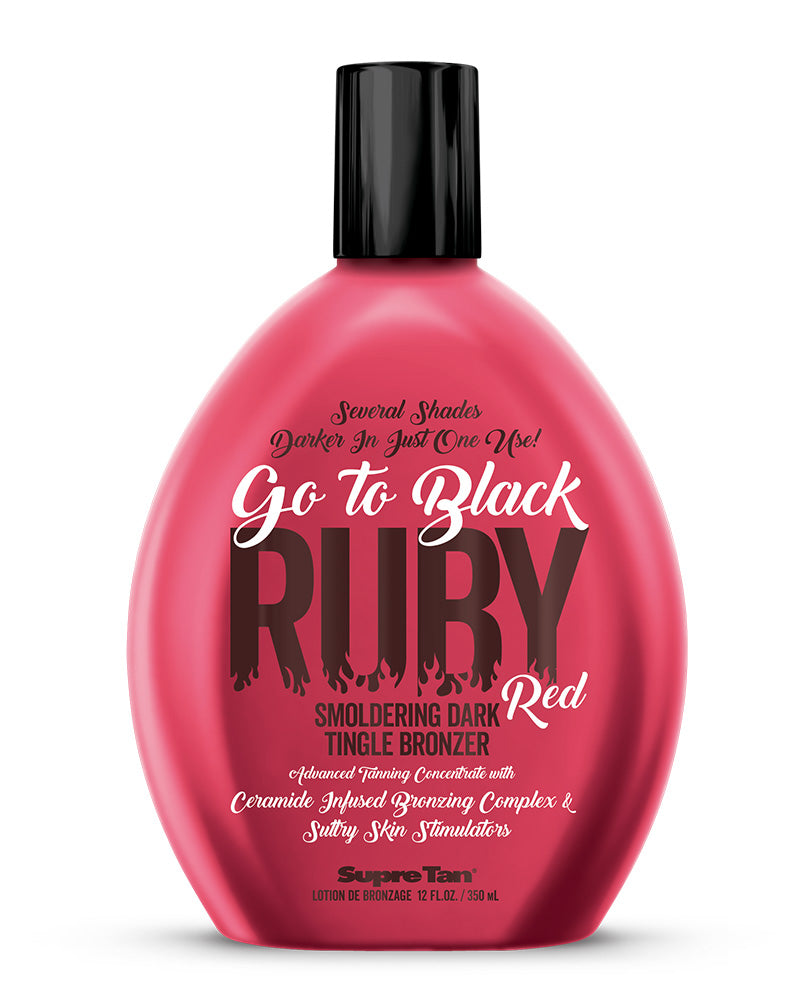 Pink bottle of 'Go To Black Ruby' tanning lotion with black cap on white background
