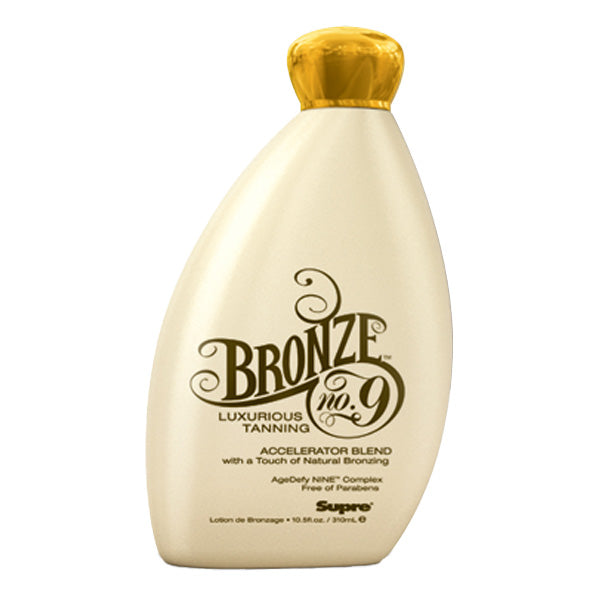 Supre Bronze no 9 tanning lotion bottle on a white background