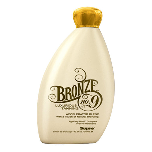 Supre Bronze no 9 tanning lotion bottle on a white background