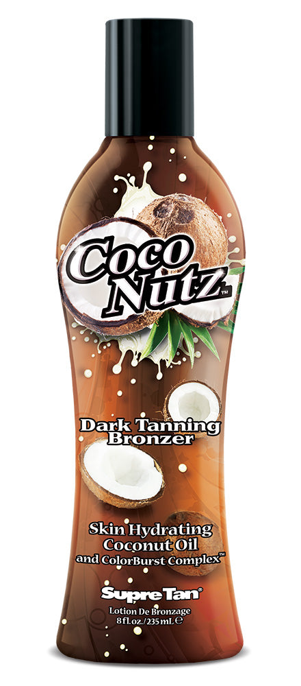 Bottle of Coco Nuts Dark Tanning Bronzer with coconut graphics on a white background