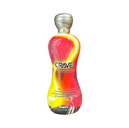 Bottle of Crave energy drink with colorful label on a white background