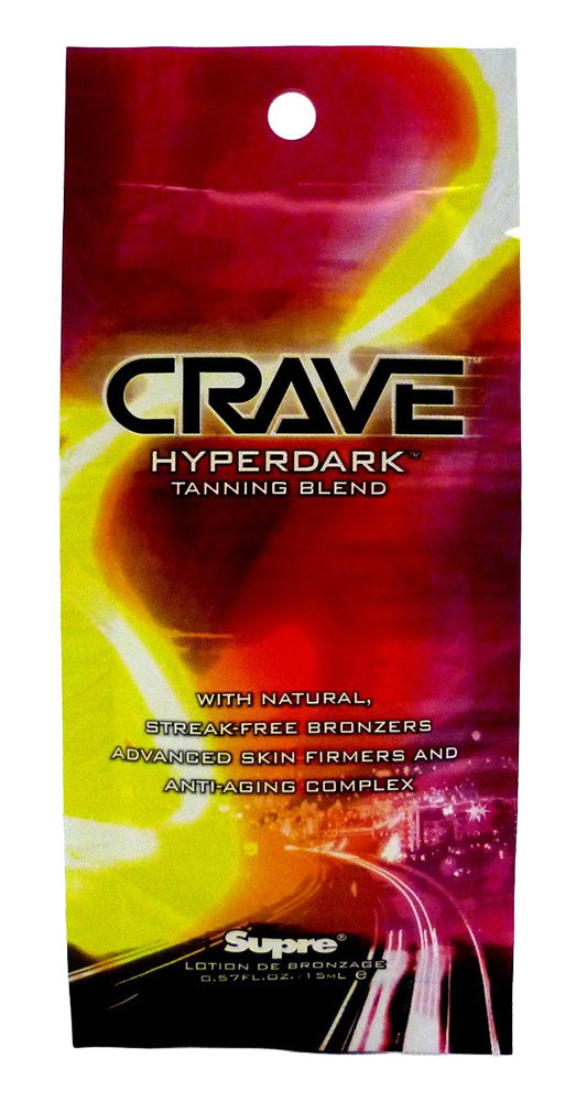 Crave Hyperdark tanning blend packaging with colorful design