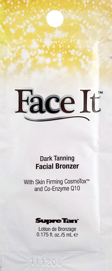 Supre Tan Face It Dark Tanning Facial Bronzer packaging with a yellow and white gradient background.