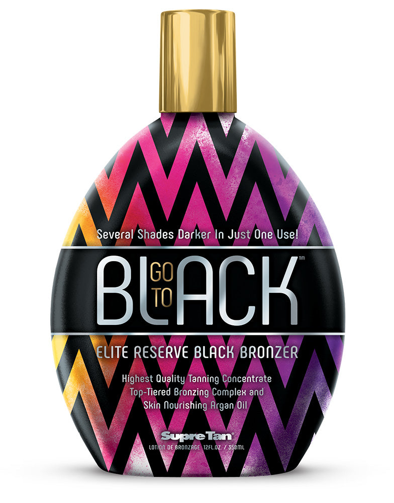 Supreme Tan 'Go to Black' Elite Reserve Black Bronzer bottle with colorful design on a white background