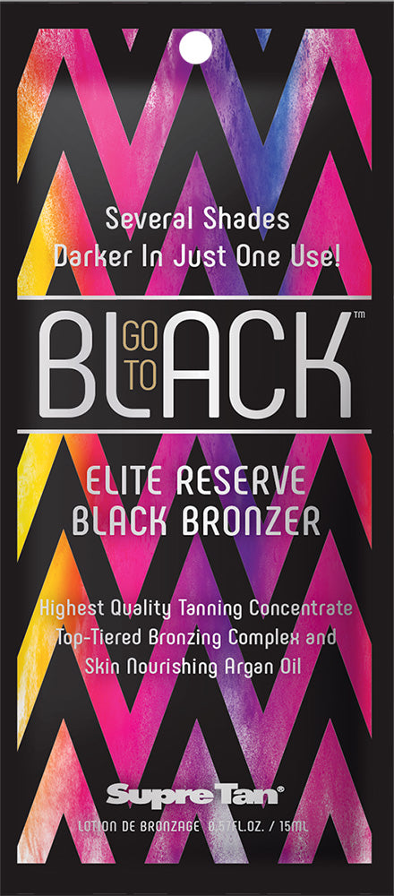 Supre Tan Go To Black Elite Reserve Black Bronzer packaging with colorful design and text.