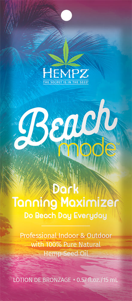Hempz Beach Mode tanning lotion packaging with palm trees and beach scene.