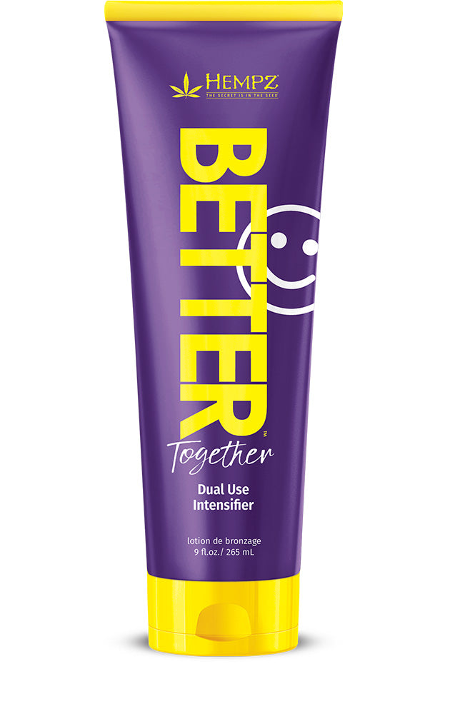 Purple and yellow tube of Hempz Better Together Dual Use Intensifier on a white background