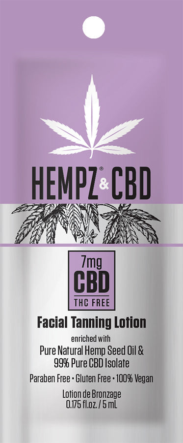 Hempz & CBD facial tanning lotion packaging with cannabis leaf design on a purple background