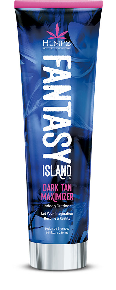 Blue tube of Hempz Fantasy Island Dark Tan Maximizer with pink cap on a white background