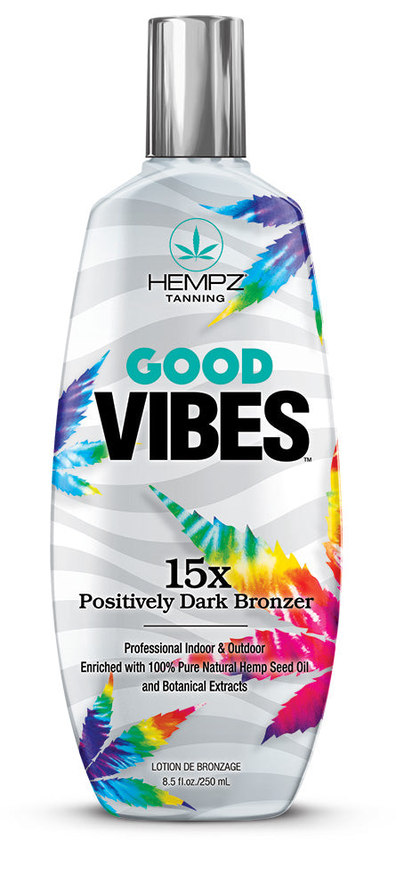 SU Good vibes feating a white bottle with tie dye hemp leaves on a white background