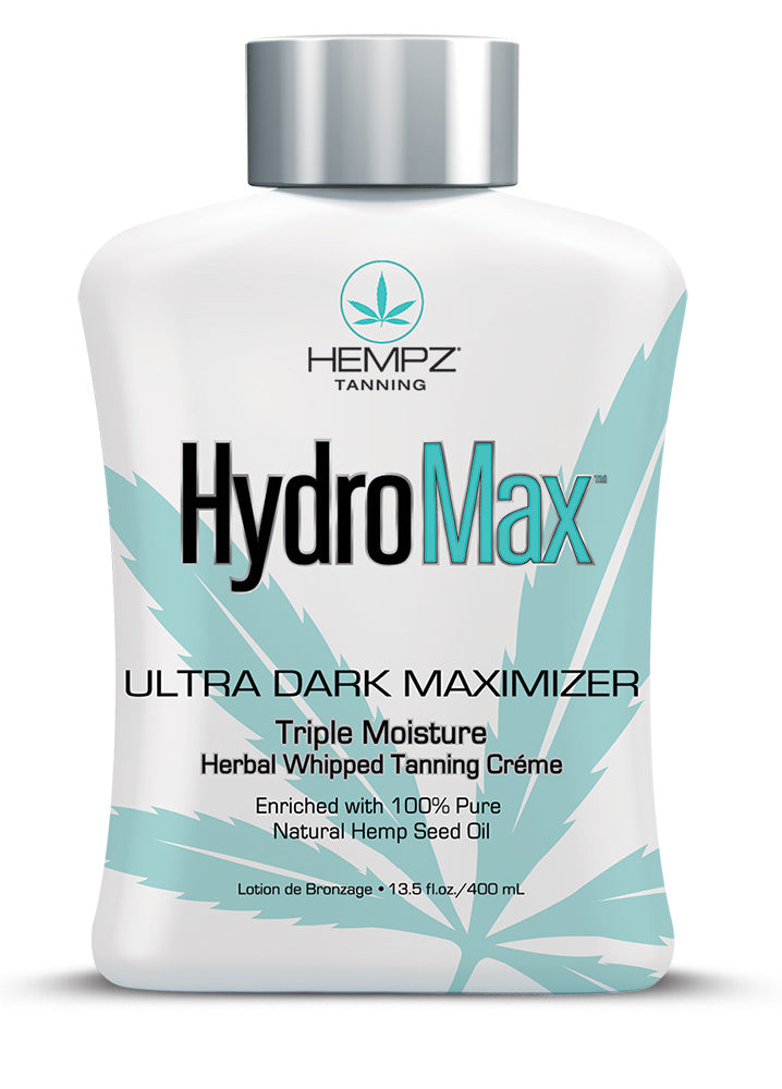 SU Hydromax ultra dark maximizer featuring a white bottle with a blue hemp leaf on a white background 