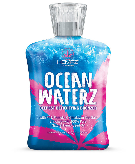 Hempz Ocean Waterz tanning lotion bottle with blue and pink design on a white background