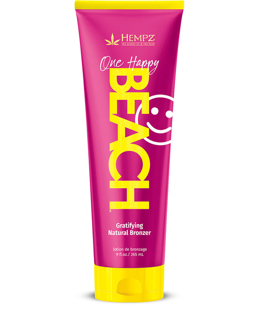 Pink and yellow tube of Hempz One Happy Beach product on a white background