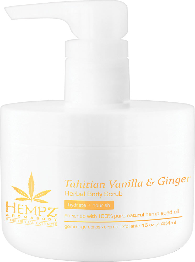 Hempz Tahitian Vanilla & Ginger Herbal Body Scrub pump bottle on a white background