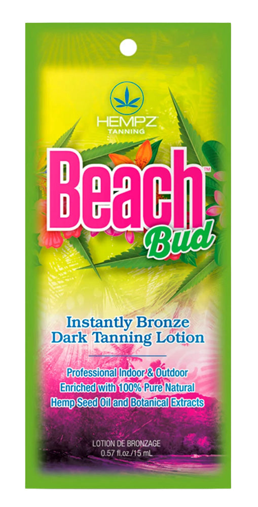 Hempz Tanning Beach Bud Instantly Bronze Dark Tanning Lotion in a bright lime green and pink packet