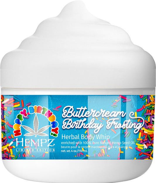 Jar of Hempz Buttercream Birthday Frosting Herbal Body Whip with colorful label