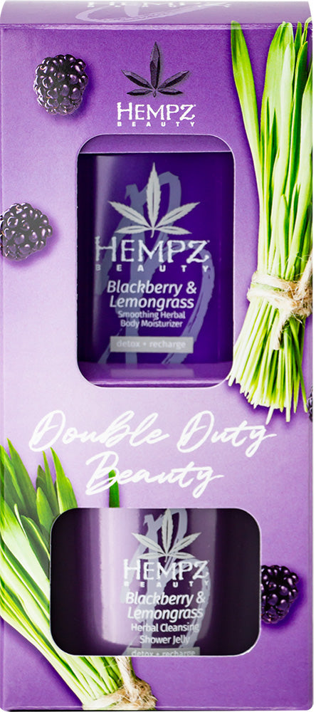 Hempz Blackberry & Lemongrass product packaging on a purple background