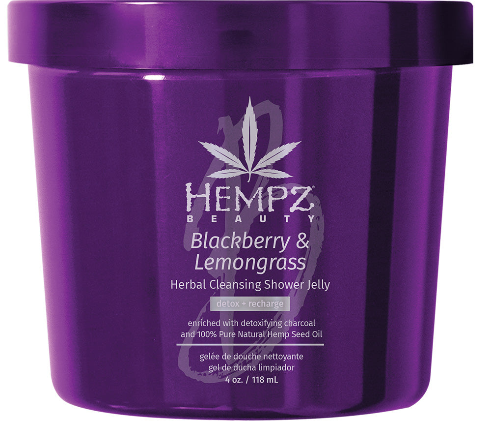 Purple jar of Hempz Beauty Blackberry & Lemongrass Herbal Cleansing Shower Jelly on a white background