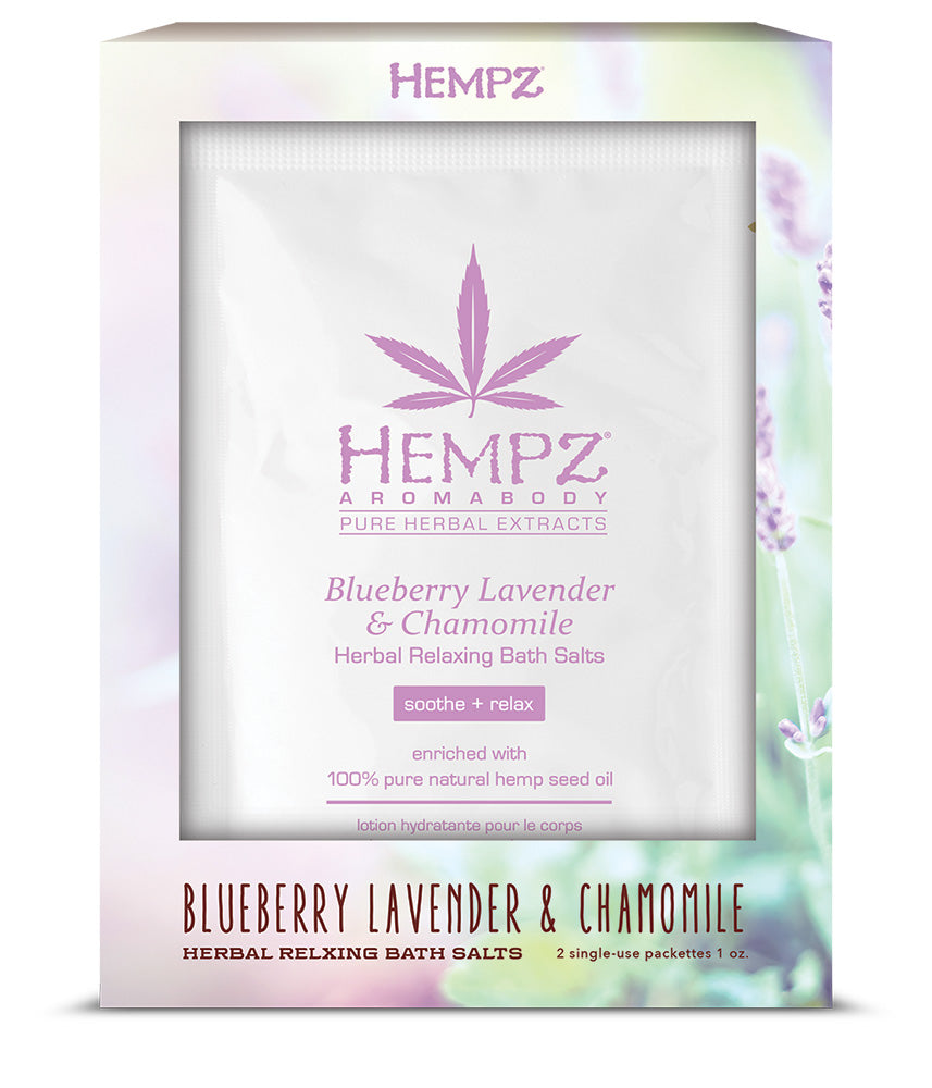 Hempz Aromabody Blueberry Lavender & Chamomile herbal relaxing bath salts packaging.