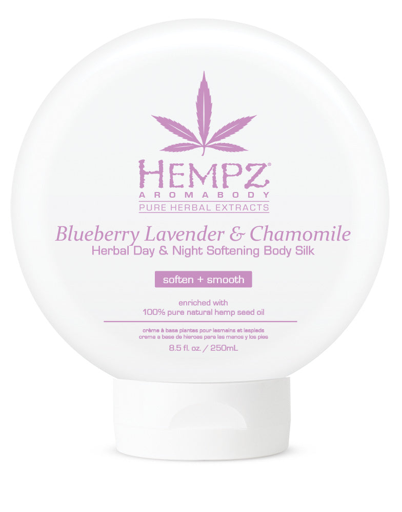 Hempz Aromabody Blueberry Lavender & Chamomile body silk packaging on a white background